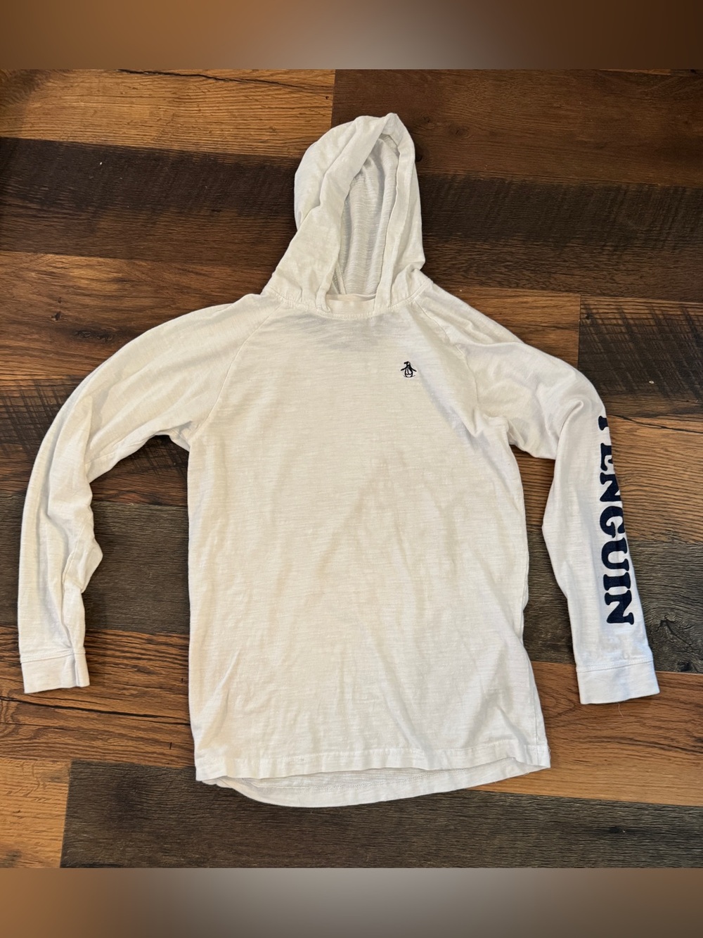 Original Penguin White Hooded Long Sleeve with Navy Sleeve Text